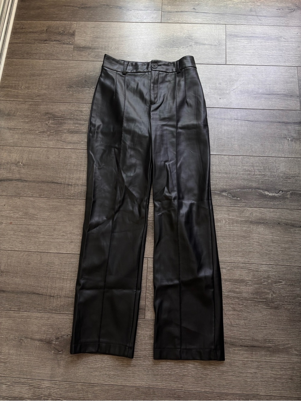 Women Black Faux Leather Straight-Leg Pants